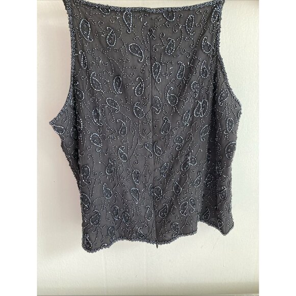 Vtg Laurence Kazar Top Black Beaded Paisley Evening Lined Silk Tank Whimsigoth M - Picture 6 of 12